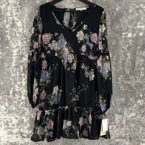 REWIND Floral Black Dress with Long Sleeves Size S